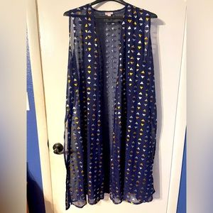 LULAROE JOY Sheer Maxi Vest. Metallic Navy/Gold/Silver.